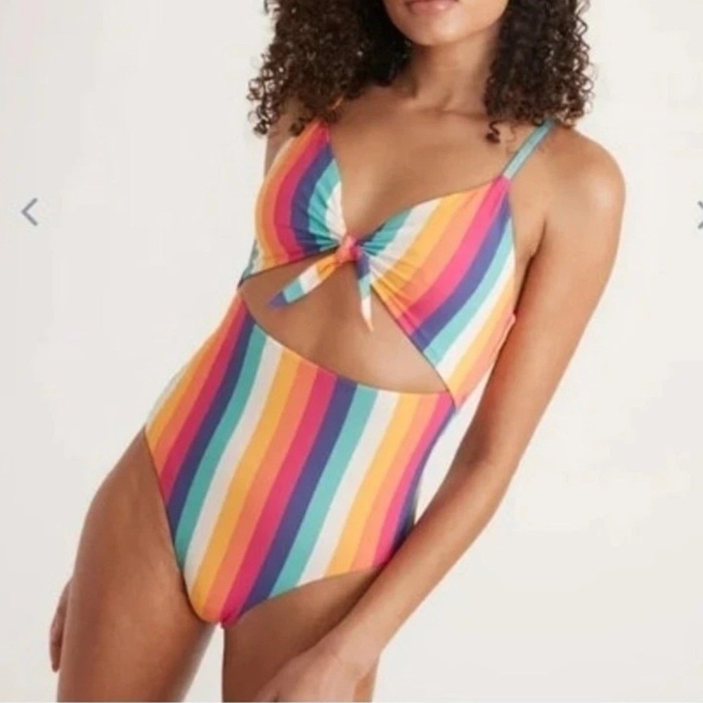 Marine Layer Havana Rainbow Stripe Tie-Front Cutout One-Piece Swimsuit M NWOT